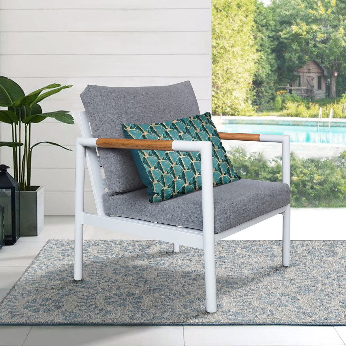 White Gray Aluminum Outdoor Sofa Armchair with Cushions Y926766