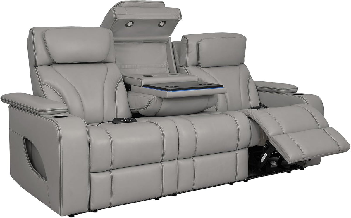 86" Wide Silver Gray Top Grain Leather Power Reclining Heated Massage Sofa Q298089