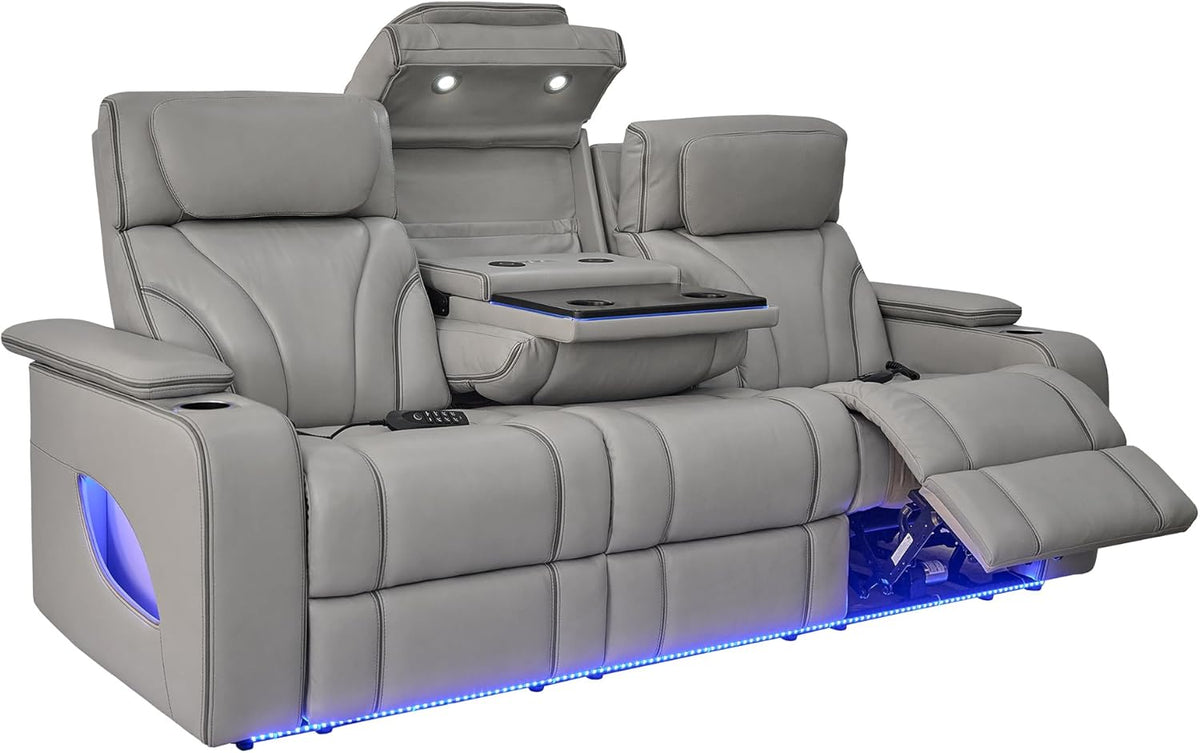 86" Wide Silver Gray Top Grain Leather Power Reclining Heated Massage Sofa Q298089