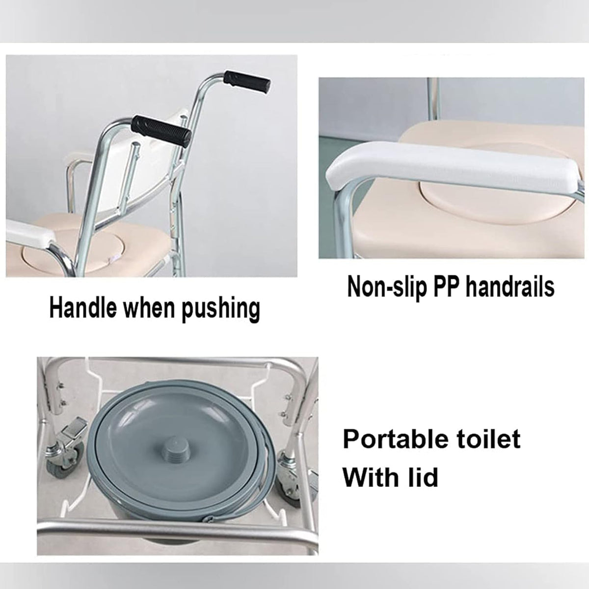 Shower Commode Chair with Wheels, 3 in 1 Shower Wheelchair with Anti Skid Arms 4 Locking Casters Detachable Bucket Shower Chair L22160