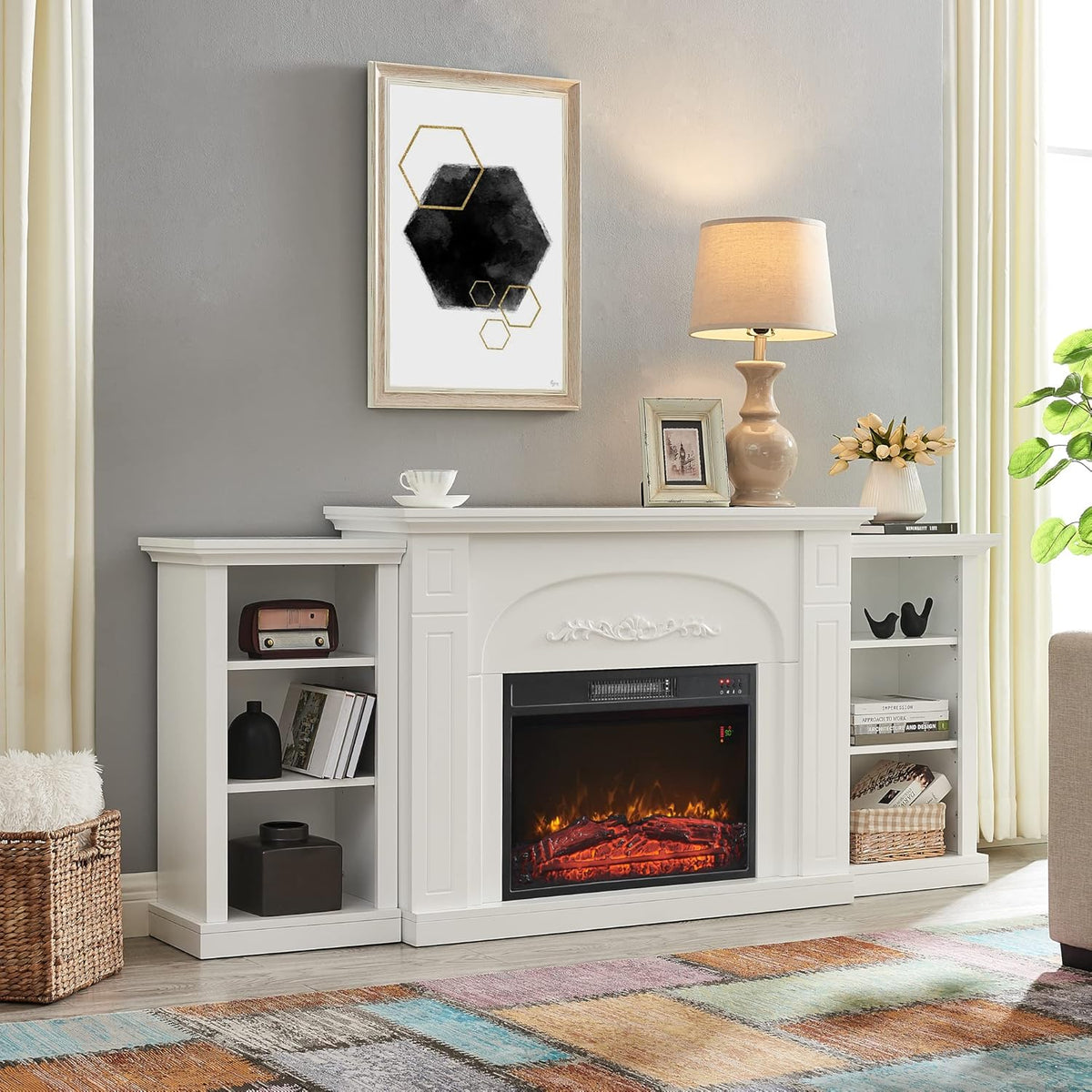 White Electric Fireplace with Mantel and Shelves Q11940