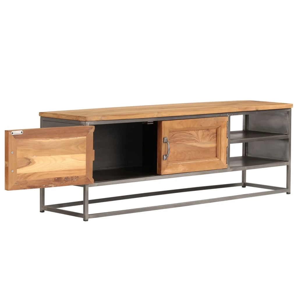 Teak Wood TV Stand with Storage Cabinet and Shelves Steel Frame F253790