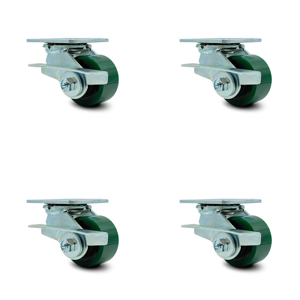 Polyurethane Cast Iron Swivel Caster with 8 x 2 Green Wheel and Brake, Pack of 2 I5738