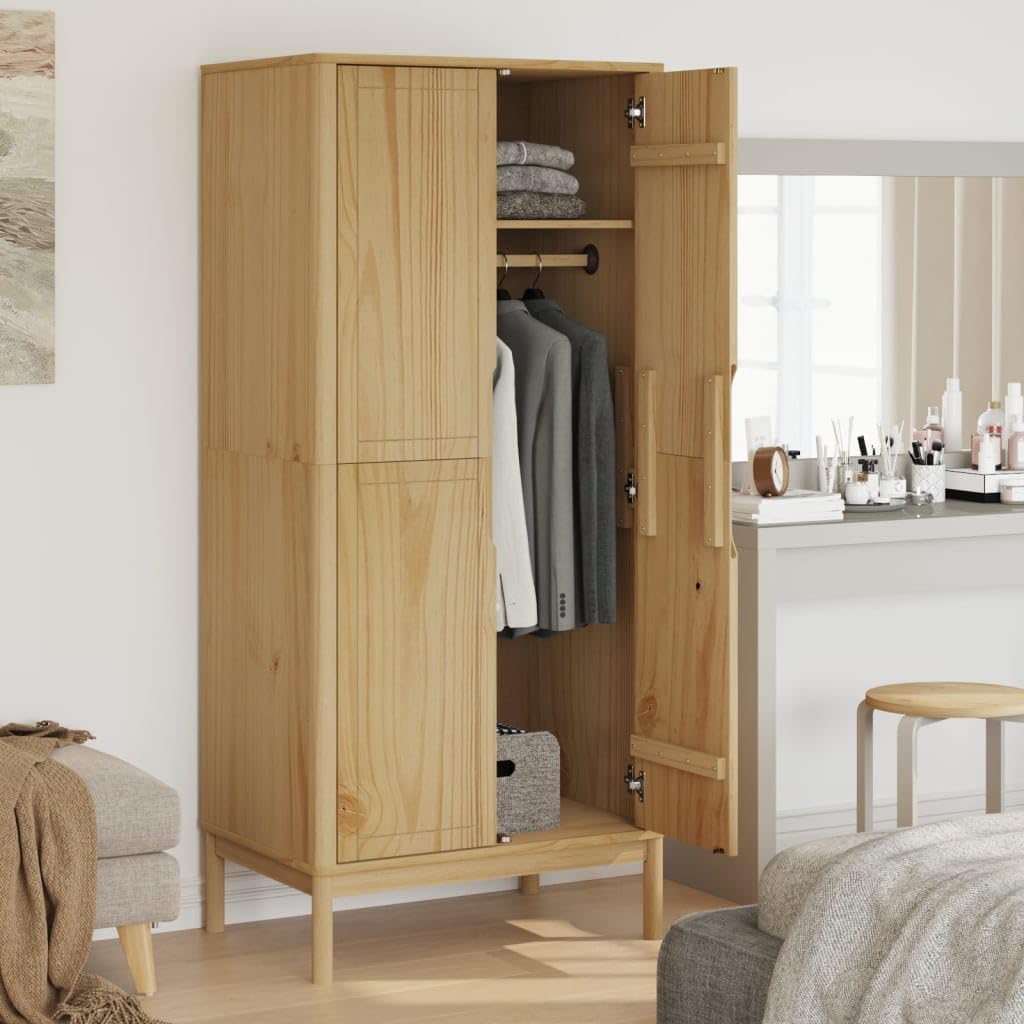 Solid Pine Wood Wax Brown Wardrobe K39560