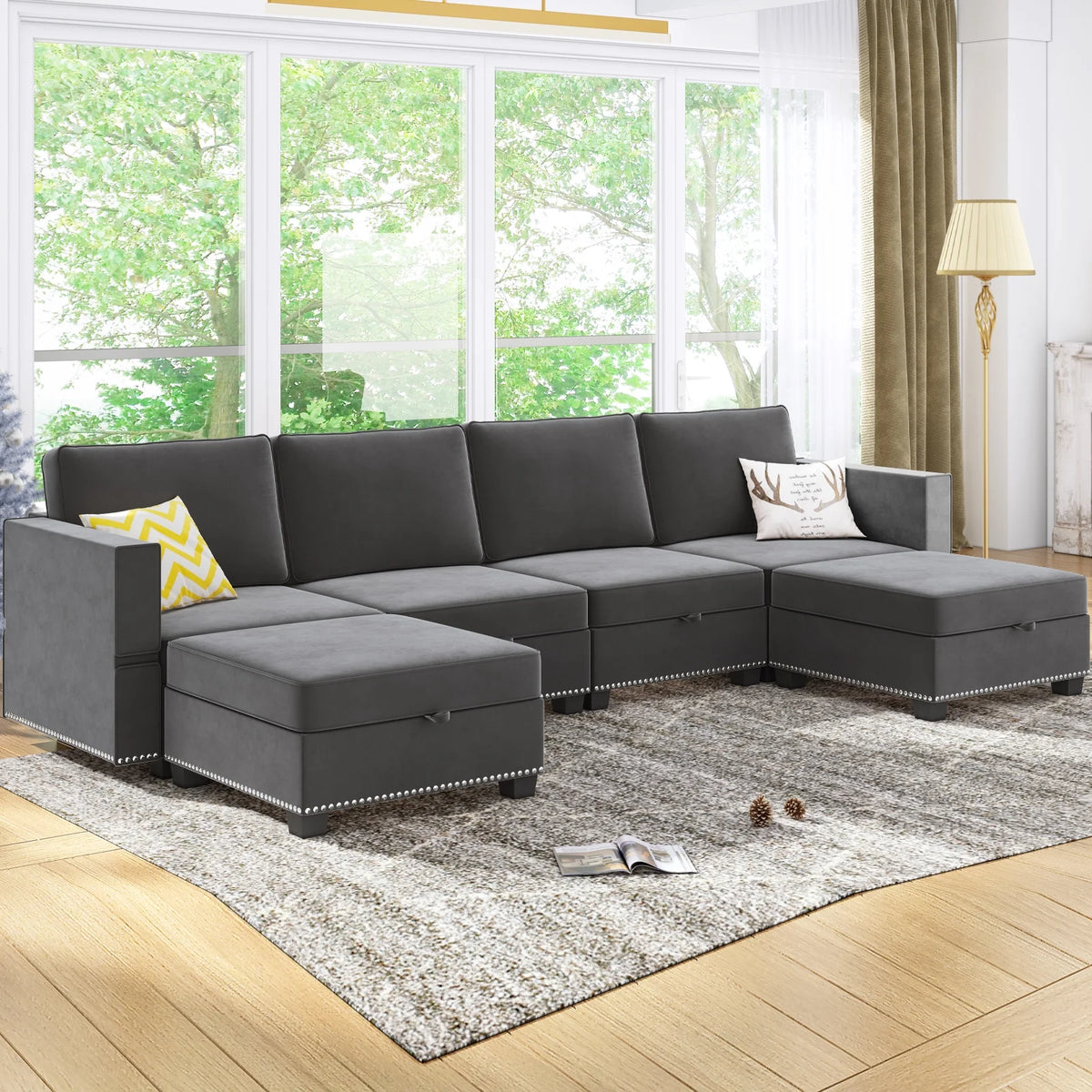 Dark Grey 6 Seater Modular Sectional Sleeper Sofa with Storage I8887