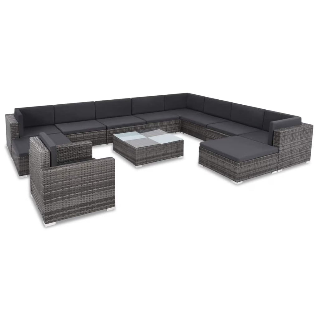12 Piece Gray Poly Rattan Outdoor Patio Sectional Sofa with Coffee Table and Ottoman S1866