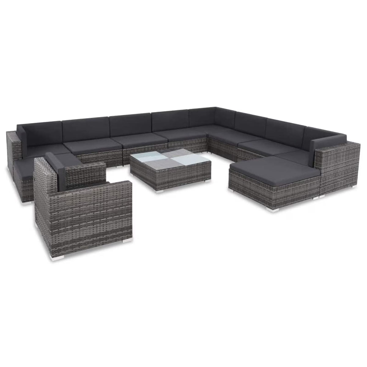 12 Piece Gray Poly Rattan Outdoor Patio Sectional Sofa with Coffee Table and Ottoman S1866