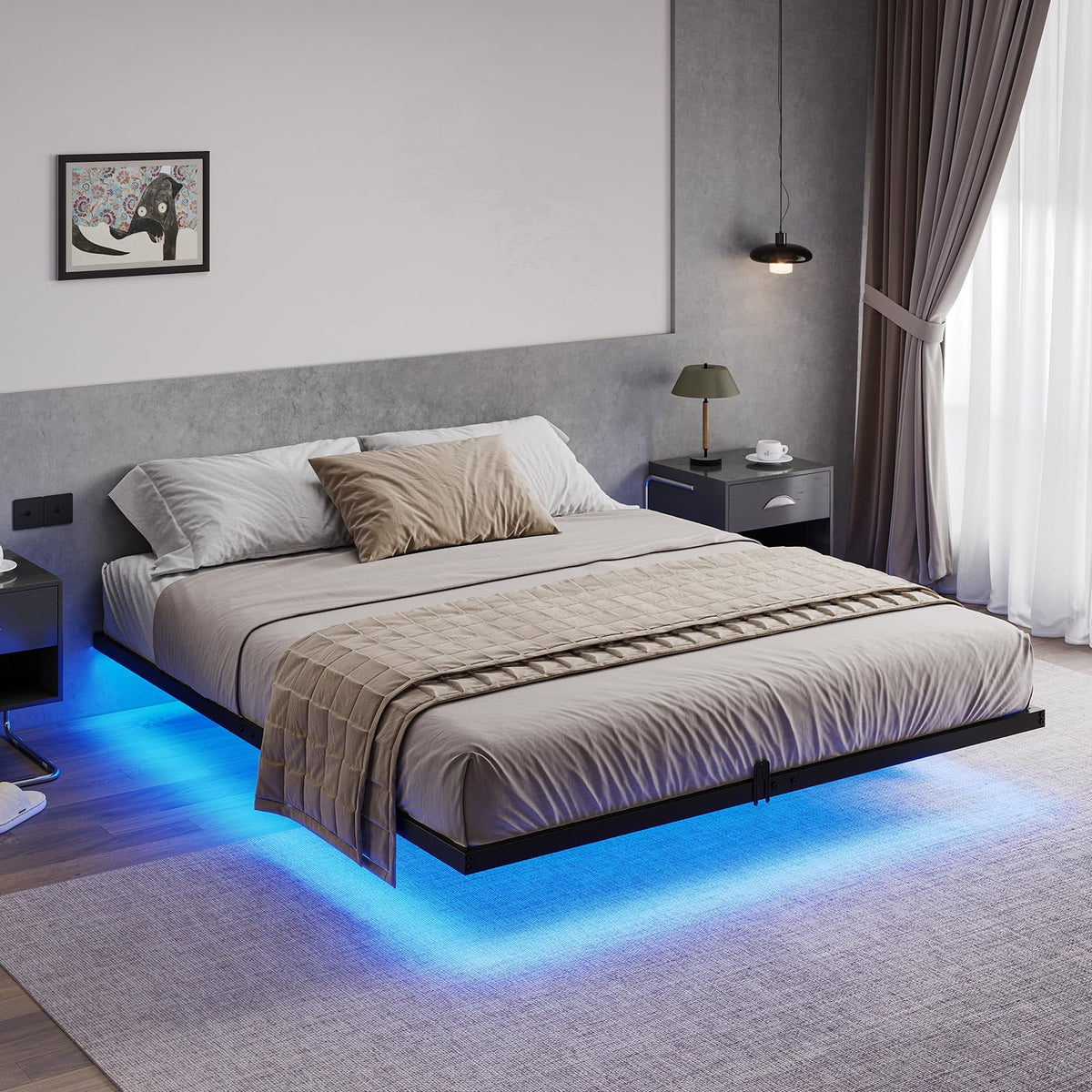 Queen Size Black Metal Platform Bed Frame with LED Lights E978
