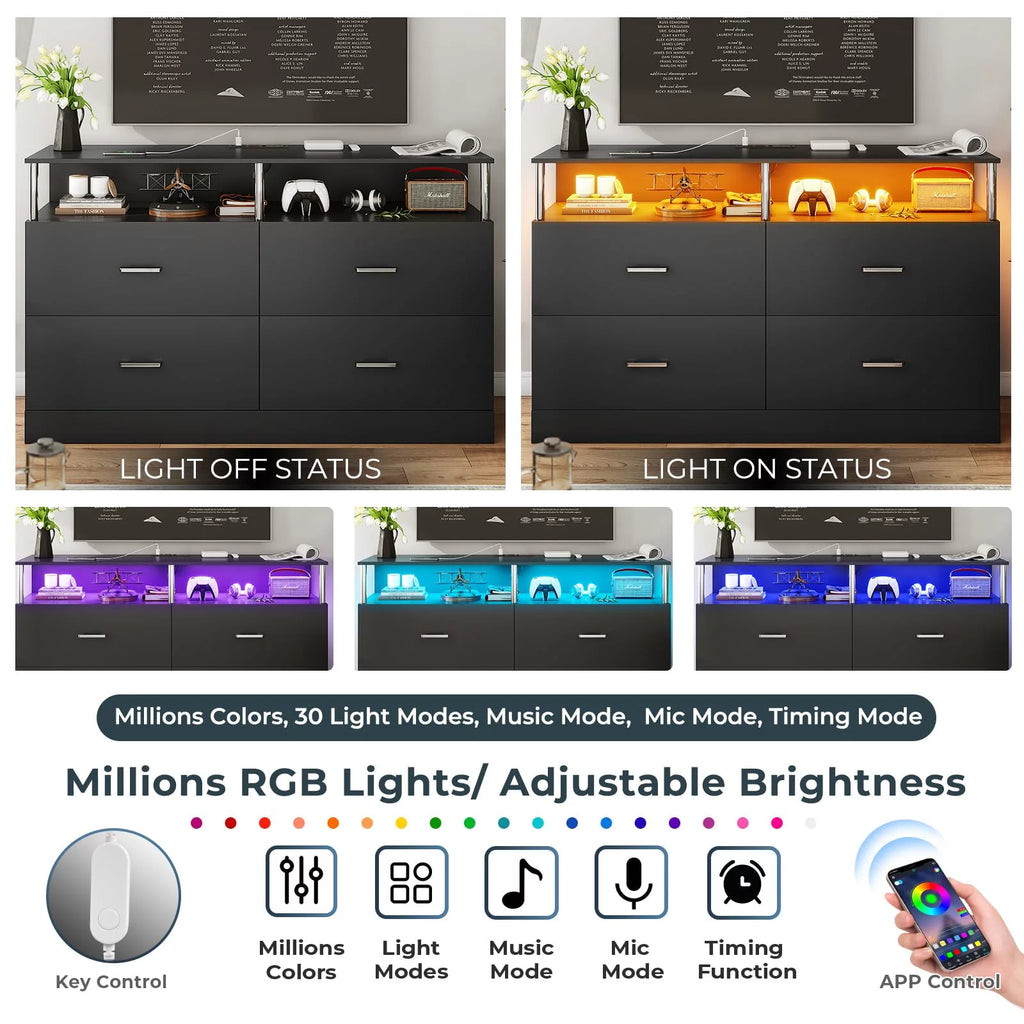 Black 6 Drawer Dresser with Charging Station and LED Light T52613