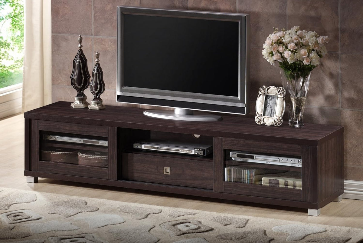 Dark Brown TV Cabinet with 2 Sliding Doors and Drawer Z57473