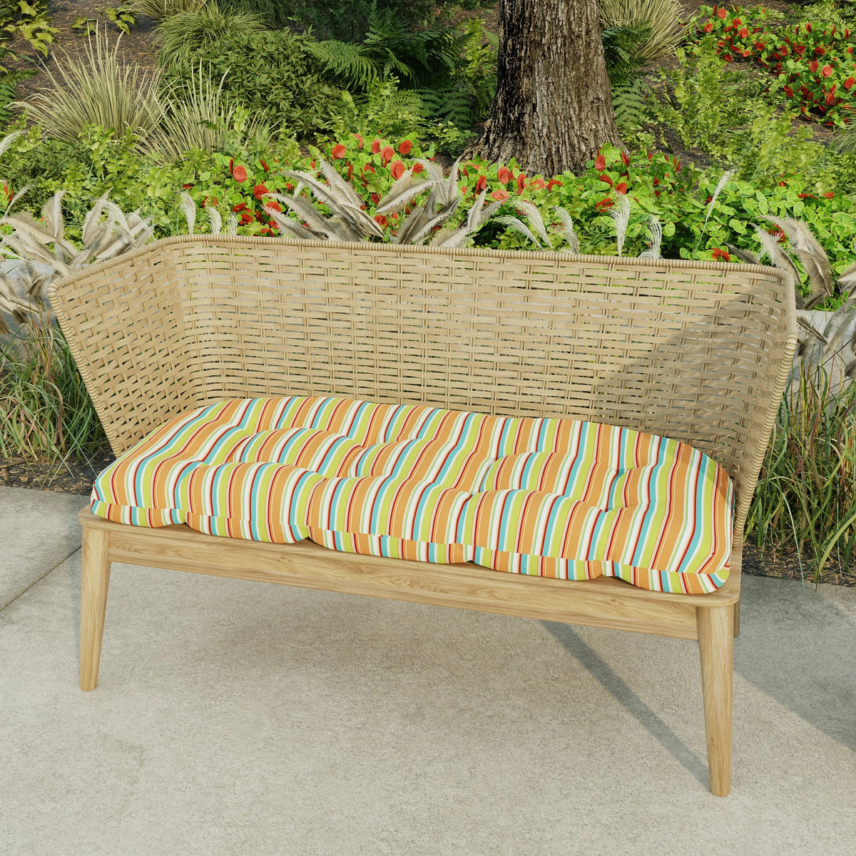 Multicolor Stripe Tufted Outdoor Settee Bench Cushion X62828