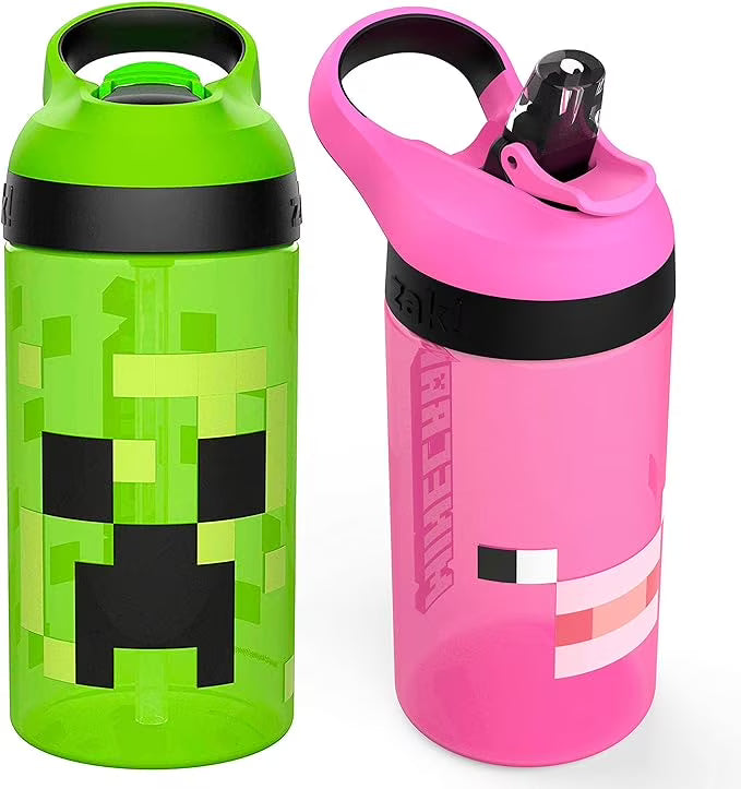 Minecraft 16 oz BPA-Free Plastic Kids Water Bottle with Straw, 2pc Set U19661