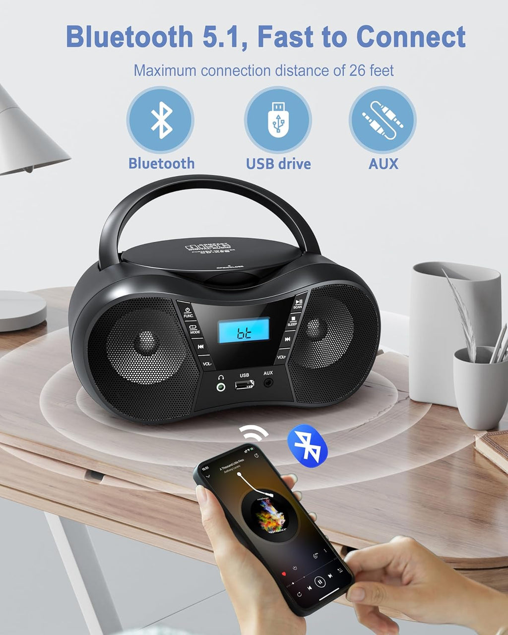 Portable CD Player Boombox with FM Radio, Bluetooth, LCD Display, USB/AUX Input, AC/Battery Powered N15896