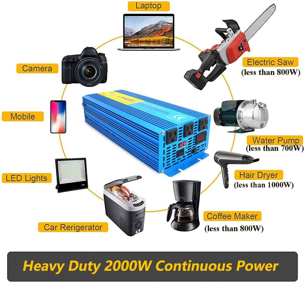 2000W Pure Sine Wave Power Inverter 12V DC to 110V AC with LED Display 3 AC Outlets B440795