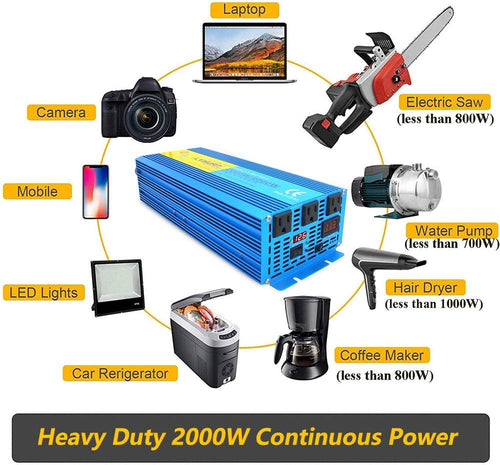 2000W Pure Sine Wave Power Inverter 12V DC to 110V AC with LED Display 3 AC Outlets B440795