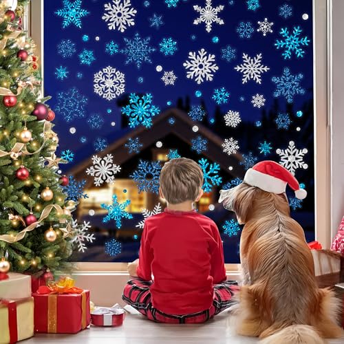 Glitter Snowflake Window Clings Blue Silver Double-Sided A7128