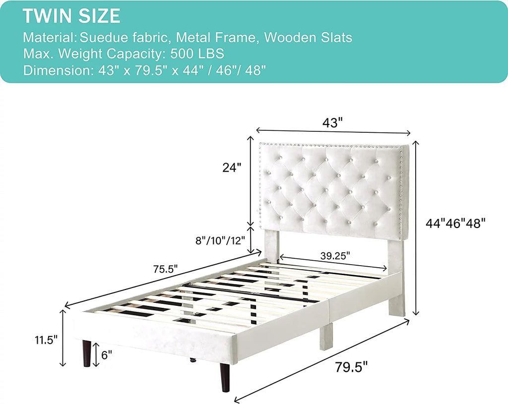 Gray Twin Upholstered Platform Bed Frame with Adjustable Headboard M7768
