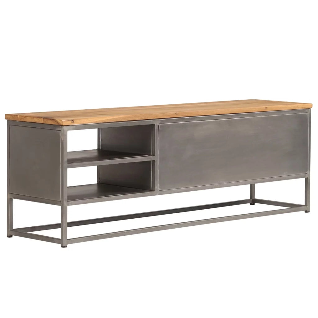Teak Wood TV Stand with Storage Cabinet and Shelves Steel Frame F253790