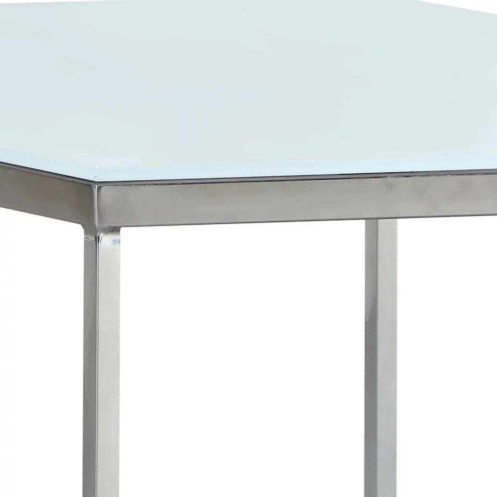 Hexagon Glass Top Accent Table White and Silver M2644