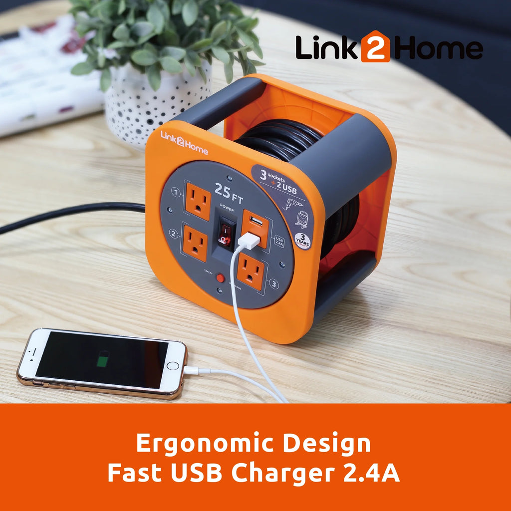 25 ft. Extension Cord 3 Power Outlets 2 USB Ports 16 AWG SJT Cable I56505