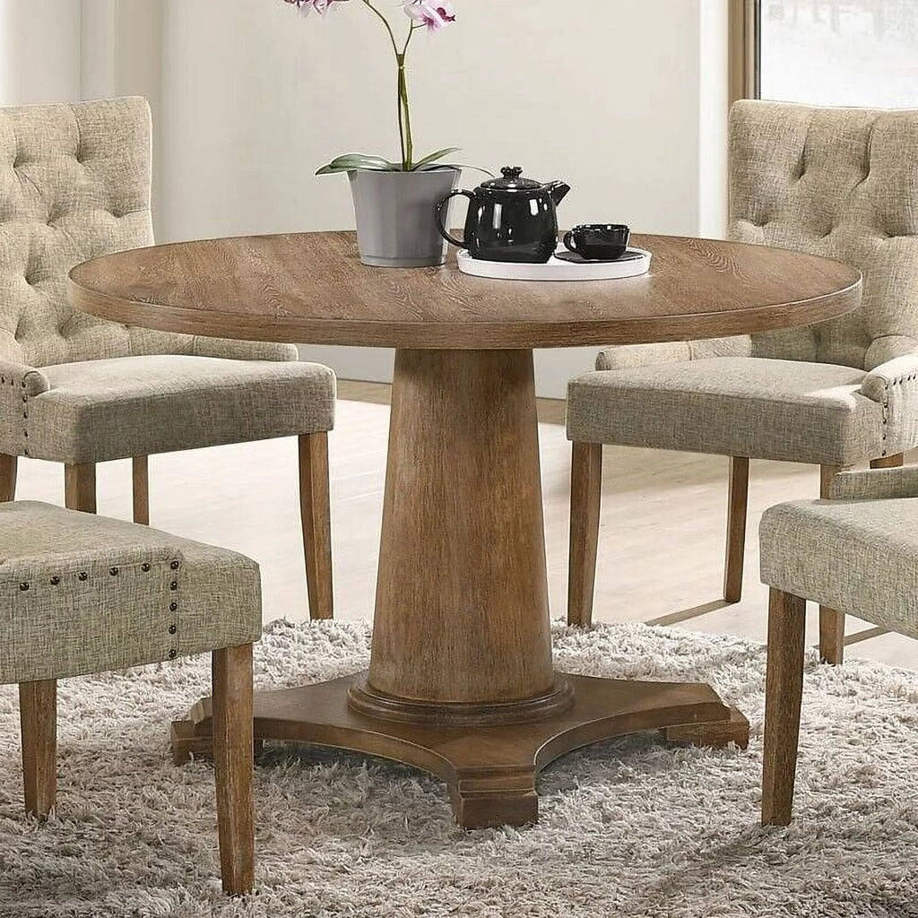 5pc Round Pedestal Dining Set with 4 Beige Tufted Chairs W848