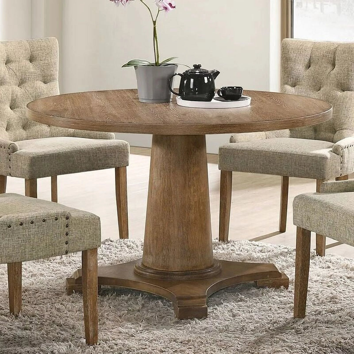 5pc Round Pedestal Dining Set with 4 Beige Tufted Chairs W848