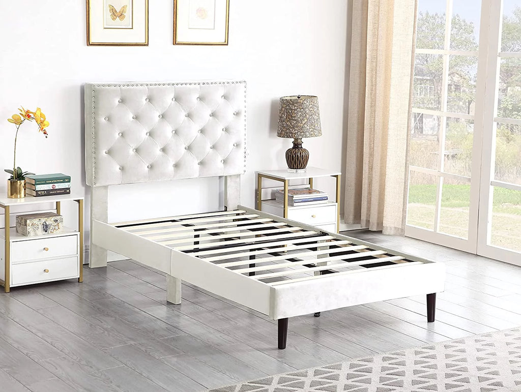 Gray Twin Upholstered Platform Bed Frame with Adjustable Headboard M7768