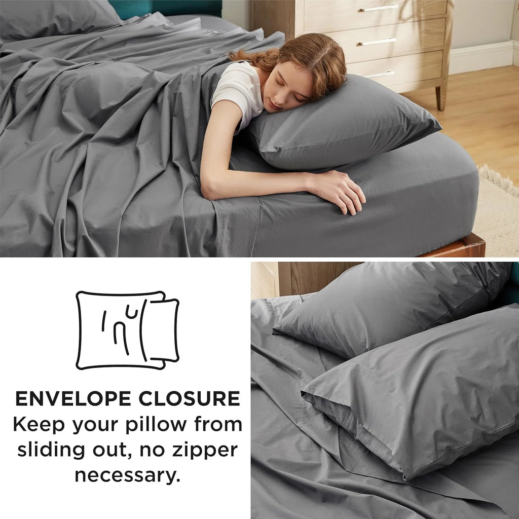 Grey Queen Size 100% Cotton Percale Sheet Set, 4 Pieces M557