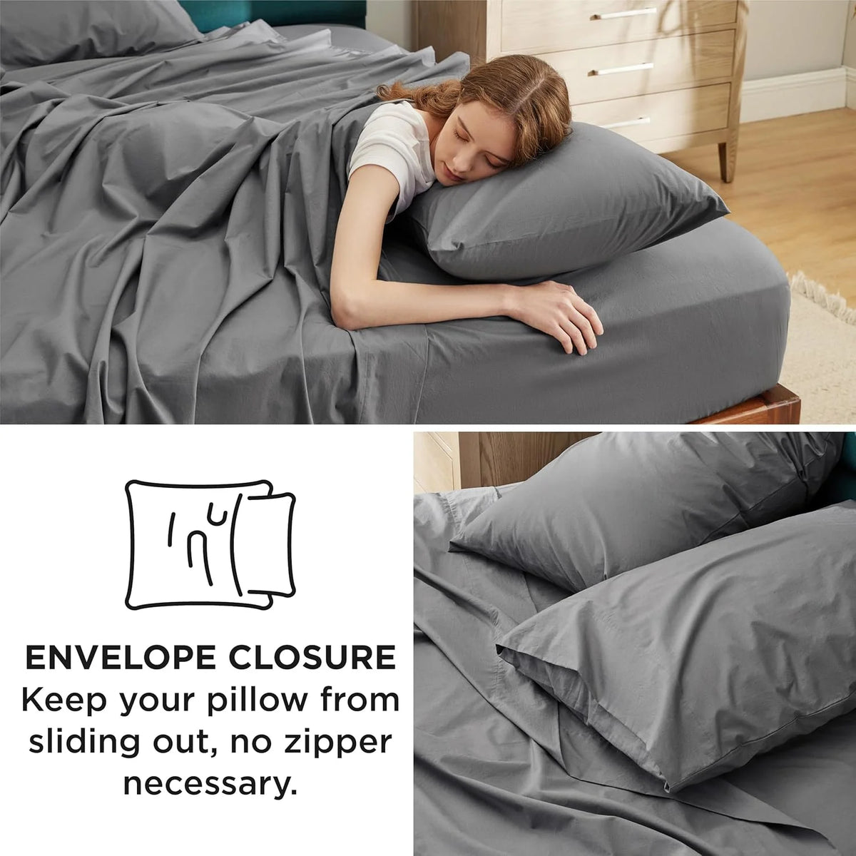 Grey Queen Size 100% Cotton Percale Sheet Set, 4 Pieces M557