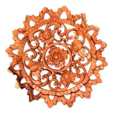 Lotus Blossom Circle Floral Wood Relief Panel Wall Décor F704