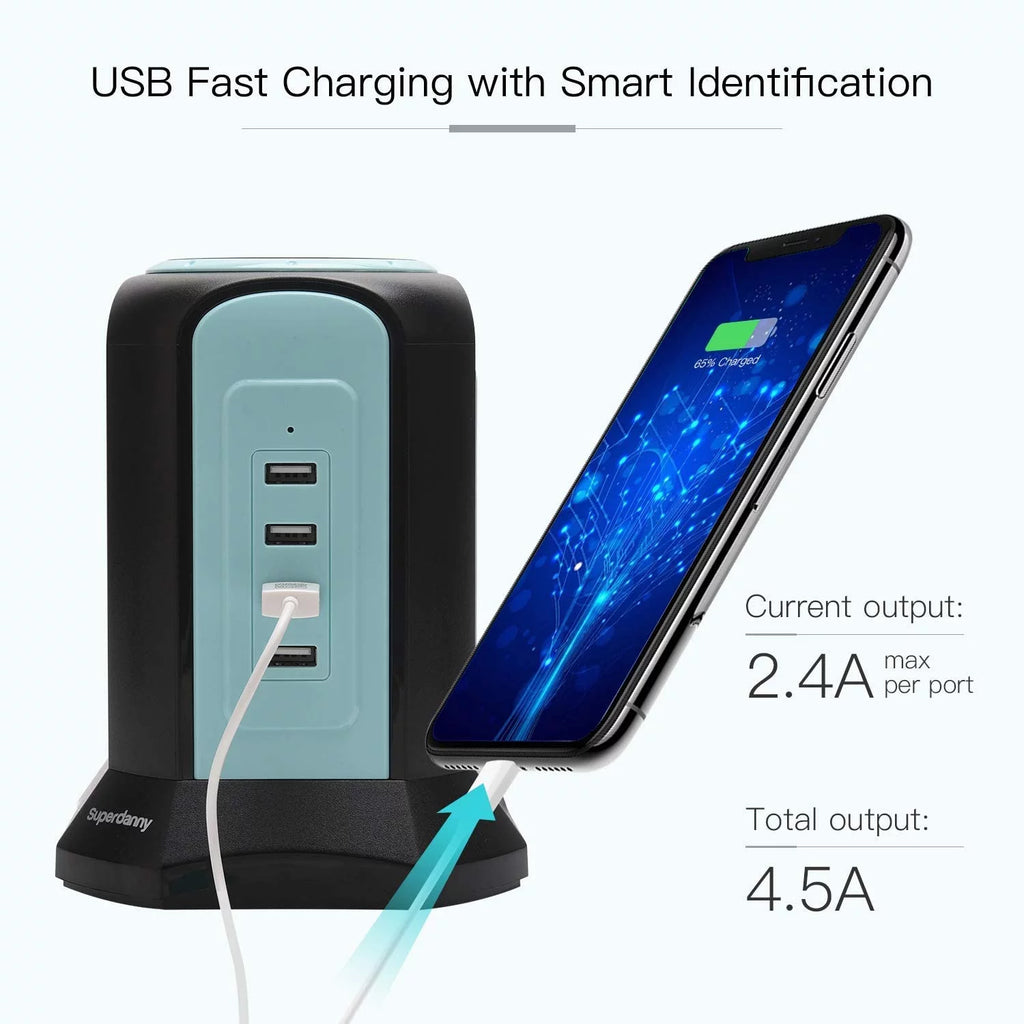 Blue Power Strip Tower with 9 Outlets 4 USB H7323
