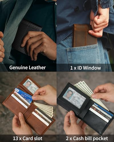 Genuine Leather Bifold RFID Blocking Wallet with 12-13 Card Holders M6440