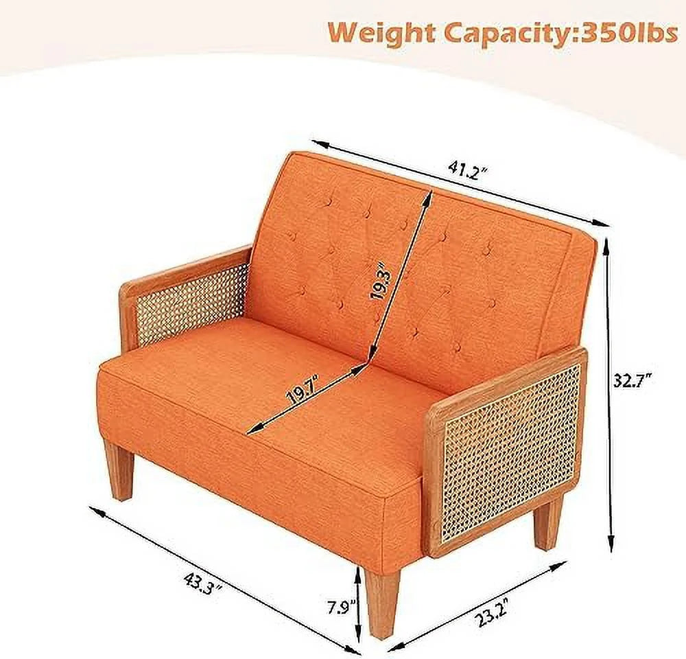 Light Grey Upholstered Loveseat with Rattan Armrest Z585