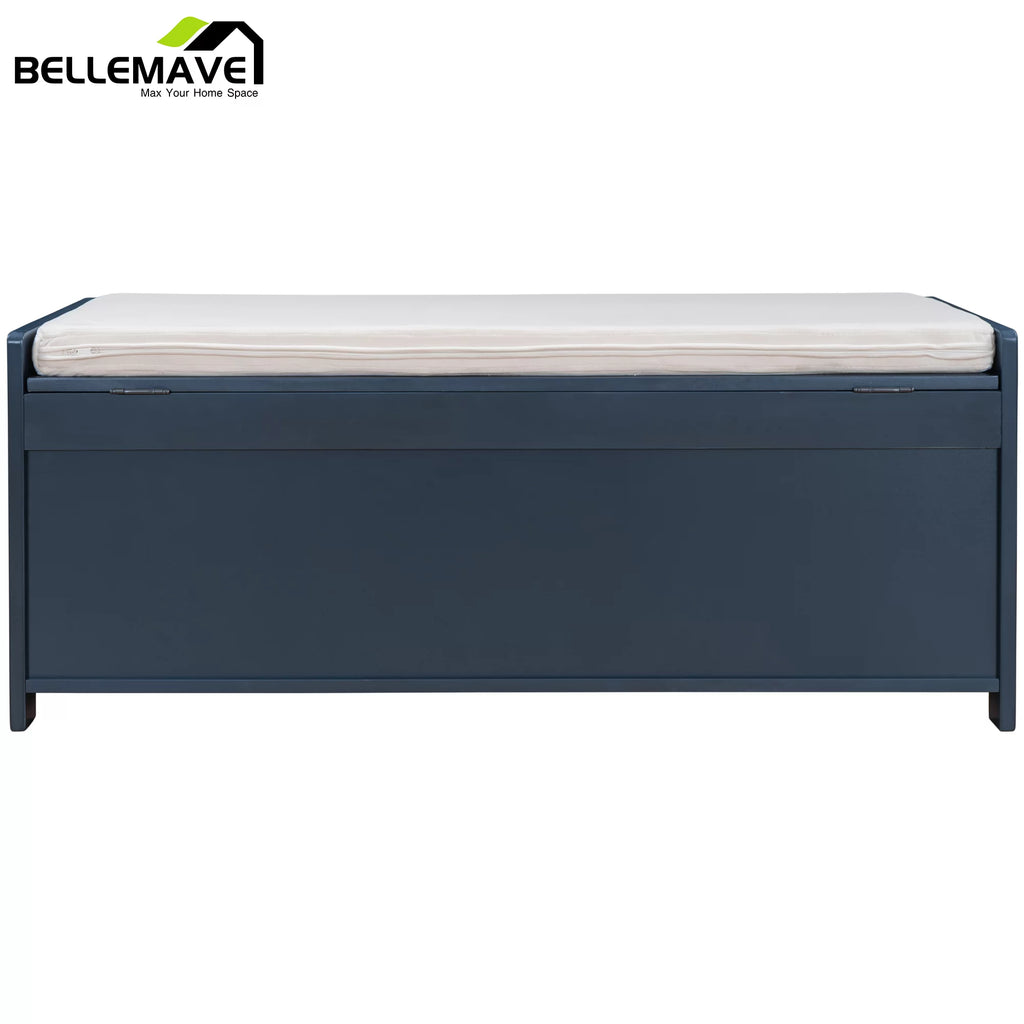 Navy Blue Wood Storage Bench with Removable Cushion and Shelves Z798057
