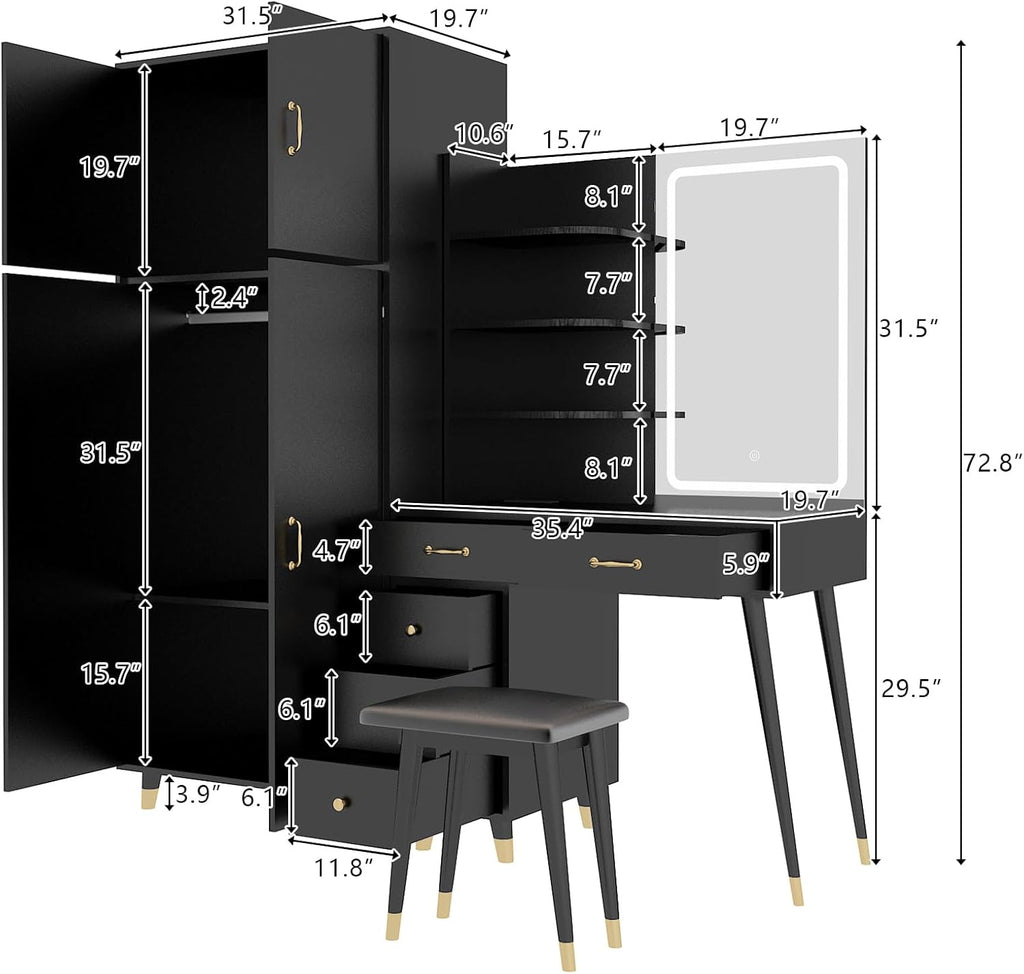 Black Vanity Desk with 4 Door Closet, Lights Mirror, Stool Set, Storage Cabinet 170 x 50 x 185CM Z46200