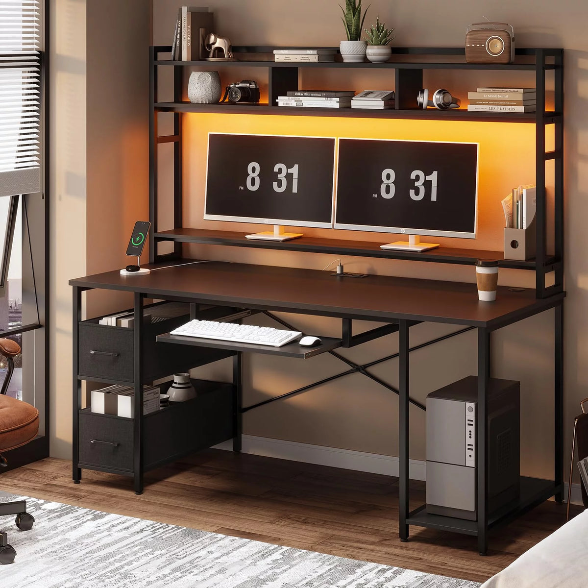 Black 55 inches Computer Gaming Desk with Bookshelf and 2 Drawers C9260
