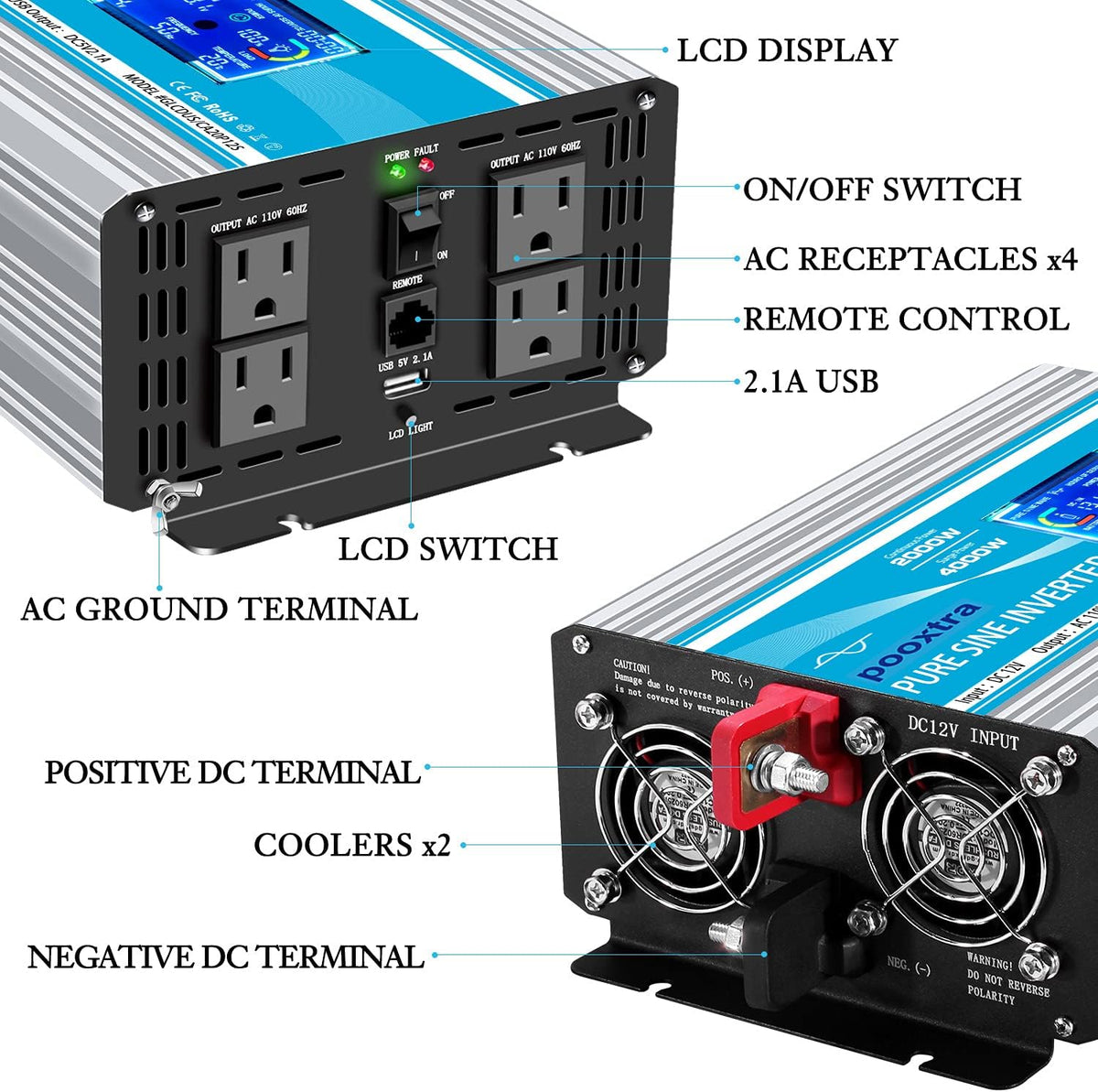 2000 Watt Pure Sine Wave Power Inverter 12V DC to 110V AC with LCD Display USB Port 4 AC Outlets P9331