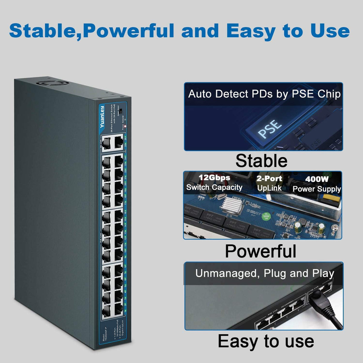 26 Port PoE Switch, 24 PoE+ Port 100Mbps, 2 Uplink Gigabit, 400W Rackmount Unmanaged Switch D990677