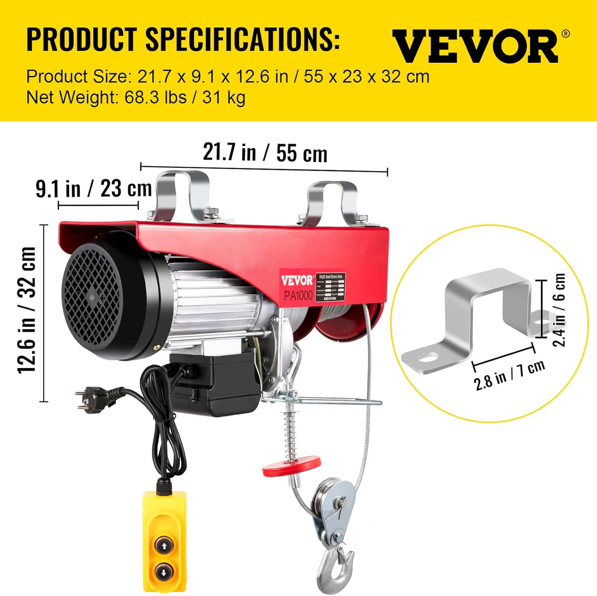 2200 lb Electric Hoist with Remote Control, 110V Red P5904
