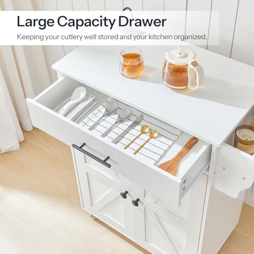 Kitchen Island with Power Outlet, Spice Rack and Drawer, Rolling on Wheels, Rustic Brown and Black K2004
