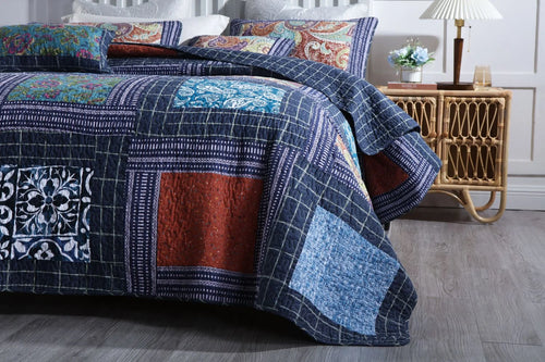 3-Piece Floral Cotton Patchwork Quilt Set Queen Navy Blue V63050