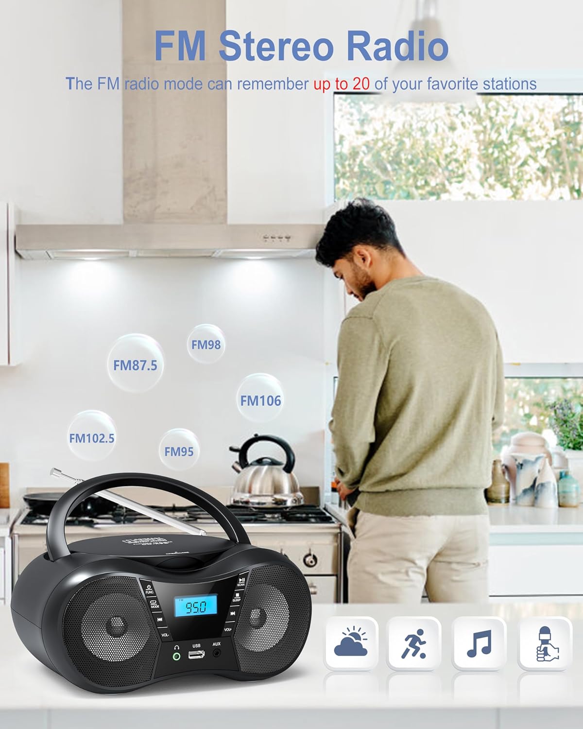 Portable CD Player Boombox with FM Radio, Bluetooth, LCD Display, USB/AUX Input, AC/Battery Powered N15896