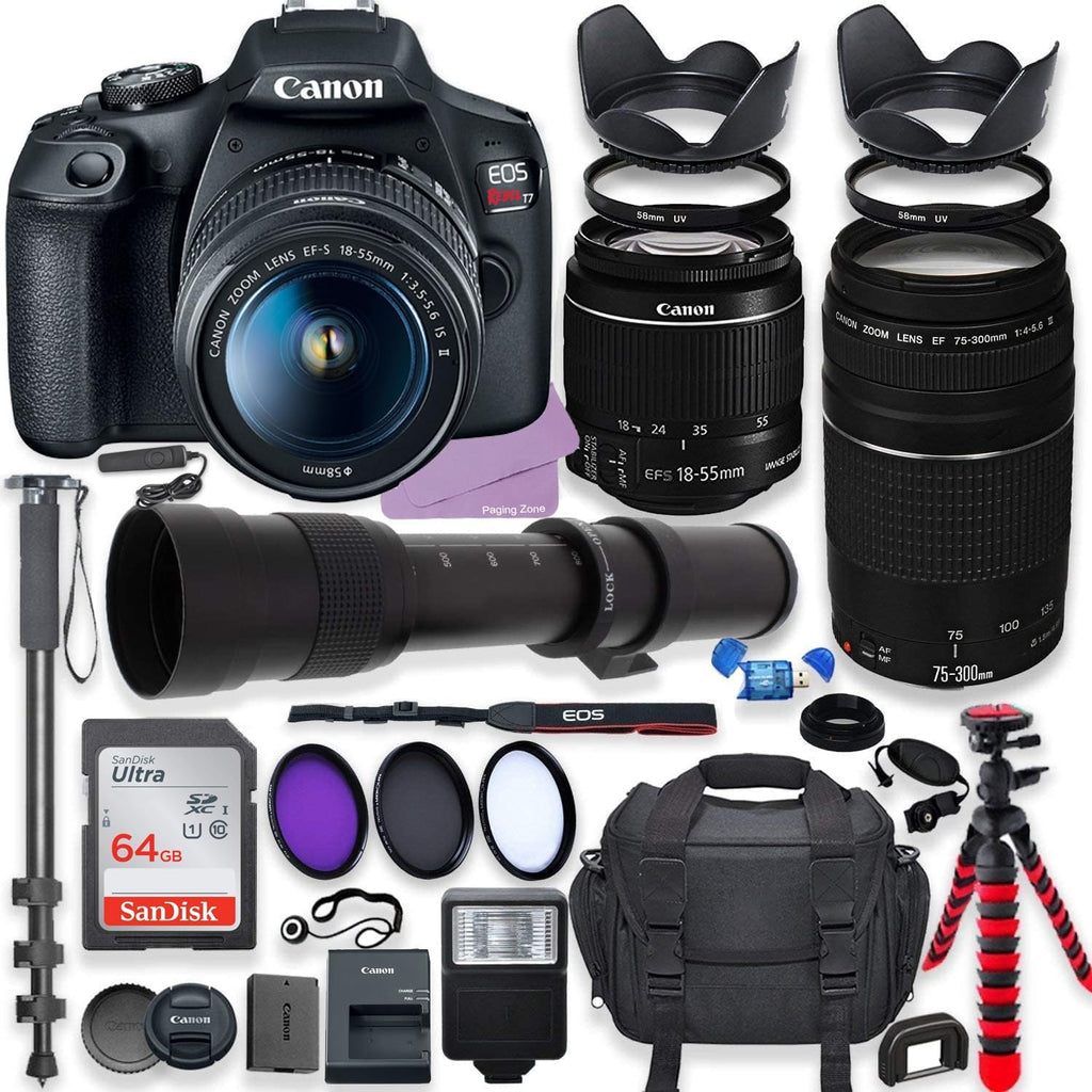 Canon EOS Rebel T7 DSLR Camera with 18-55mm is II Lens & Canon EF 75-300mm III Lens Bundle + 420-800mm Zoom Lens + 64GB Ultra Memory + Filters + Monopod (Renewed) M379722