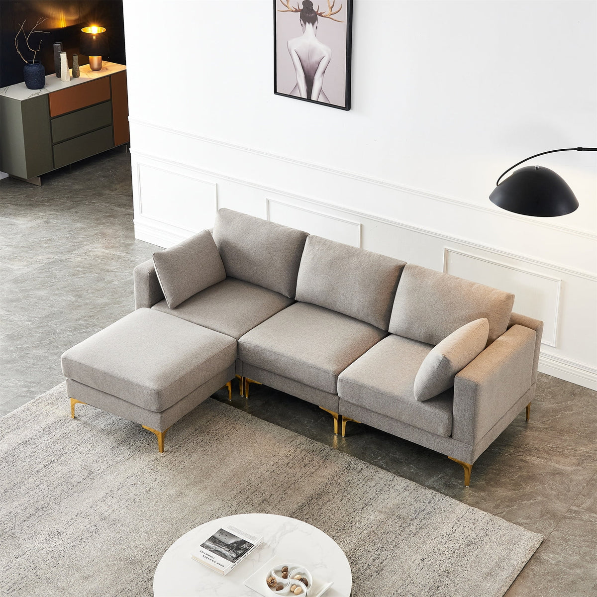 3-seater L Shape Fabric Sectional Sofa with Ottoman Grey X37444