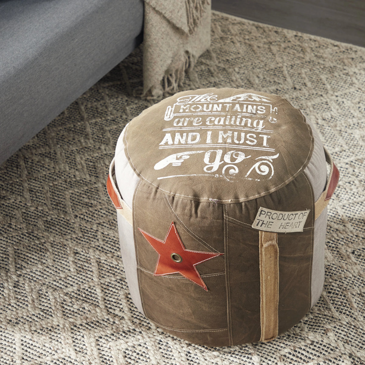 Brown Canvas Pouf with Leather Accents H4491