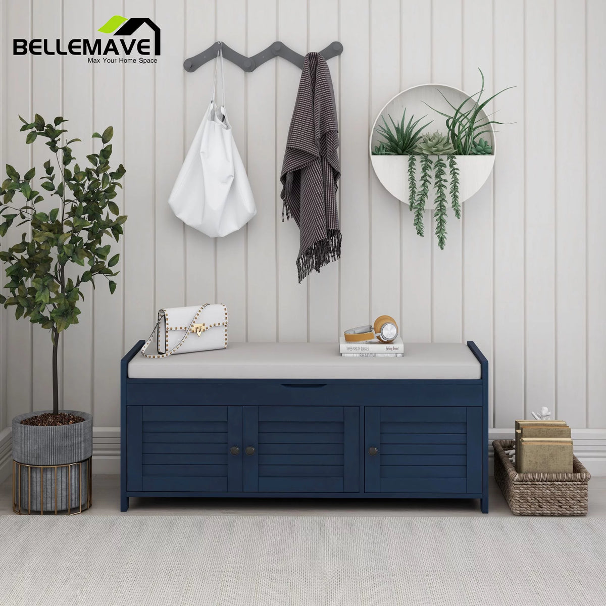 Navy Blue Wood Storage Bench with Removable Cushion and Shelves Z798057