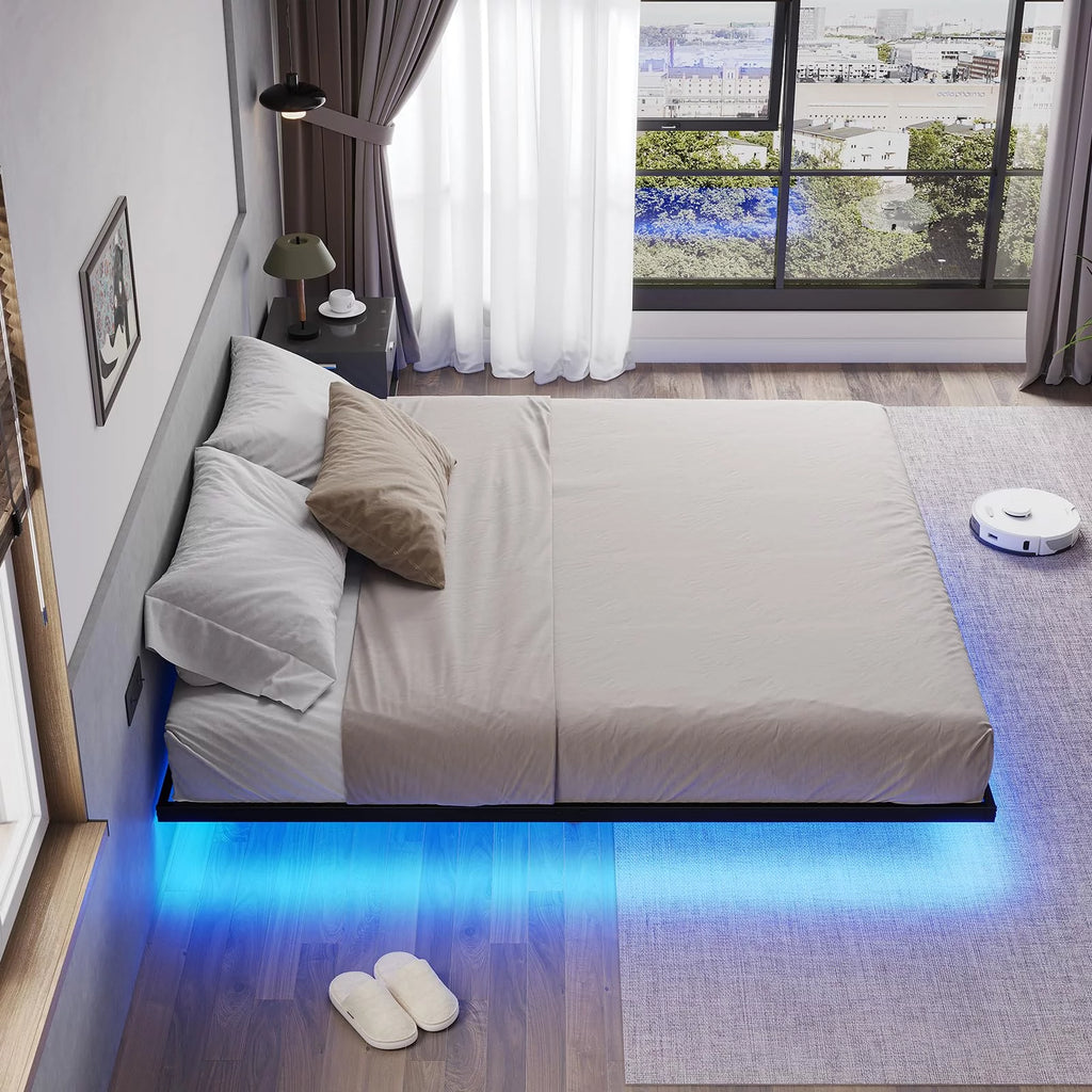 Queen Size Black Metal Platform Bed Frame with LED Lights E978