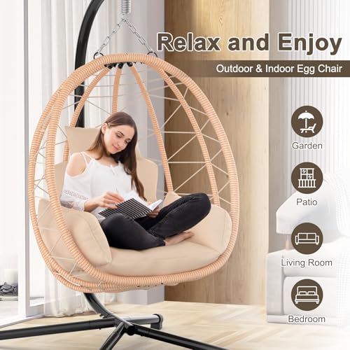 Hanging Egg Chair with Stand, UV Resistant Cushion & Pillow, 370lbs Capacity, Beige A176