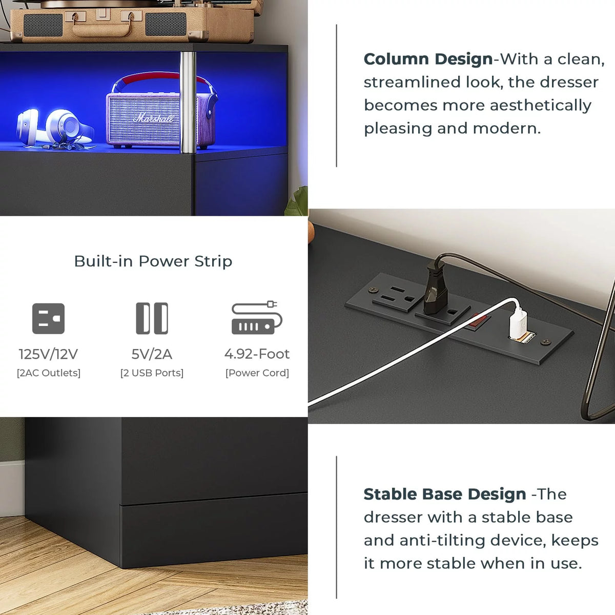 Black 6 Drawer Dresser with Charging Station and LED Light T52613