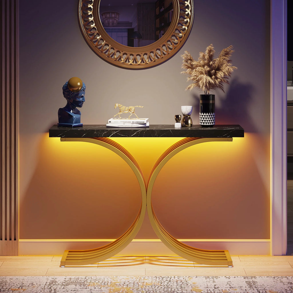 Gold Entryway Console Table with Faux Marble Top D670